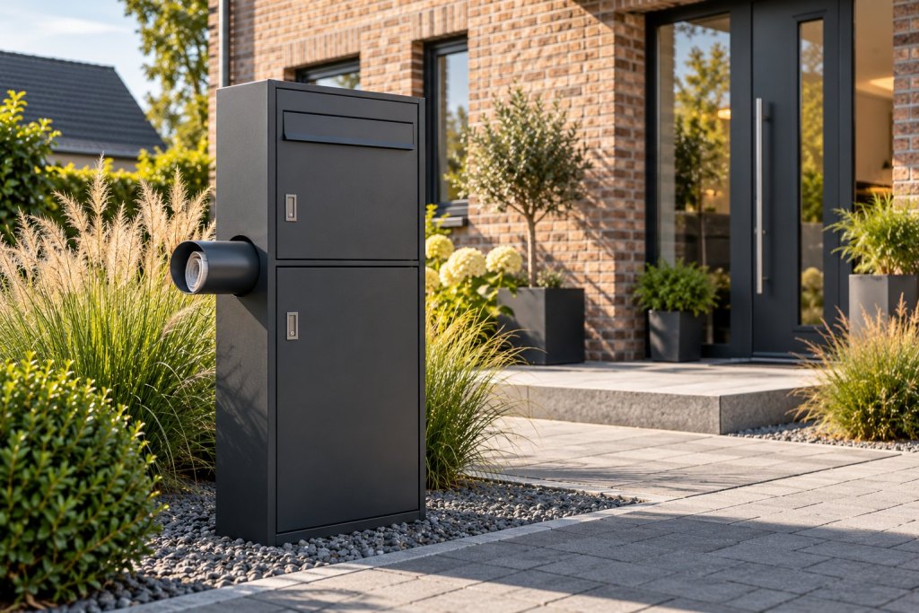 Standbriefkasten mit Paketfach und Zeitungsrolle vor einem Haus
