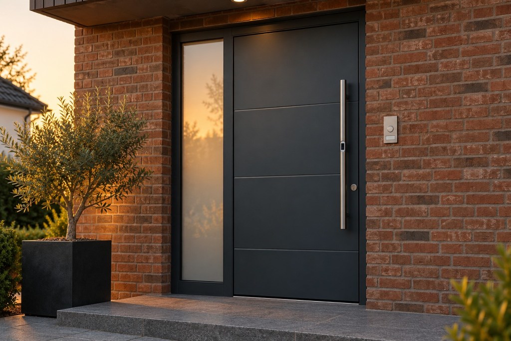 Anthrazitfarbene Aluminium-Haustür mit Stangengriff, Fingerleser und Glas-Seitenteil, daneben eine Klingelplatte an der Klinkerwand