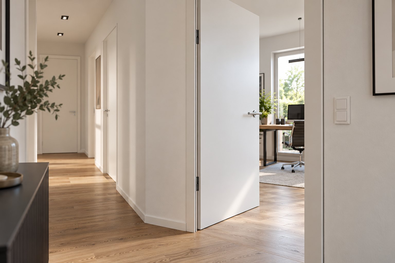 Weiße flächenbündige Schallschutztür im Flur vor einem Home-Office