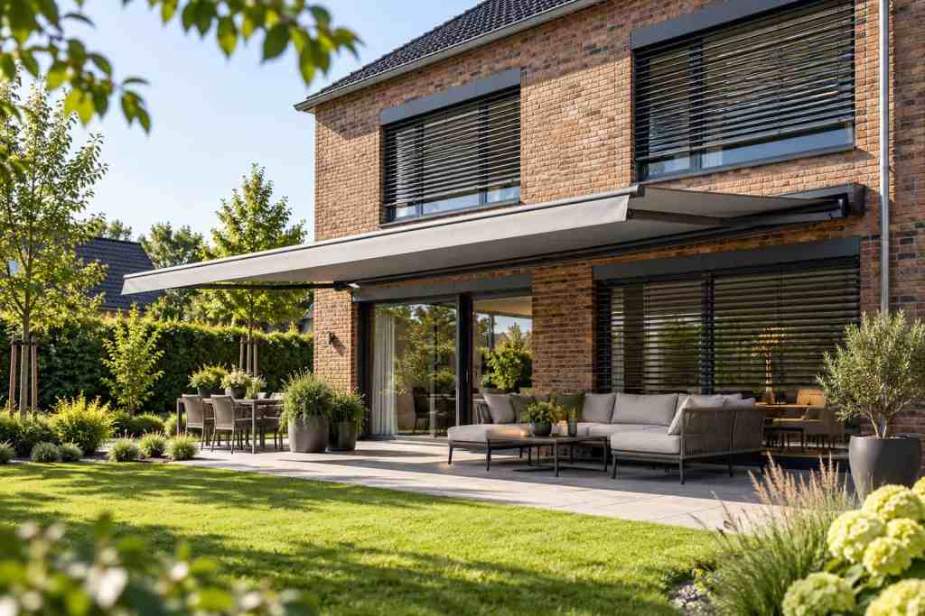Klinkerhaus mit Raffstoren und Gelenkarm-Markise