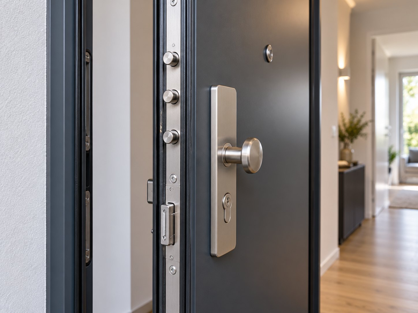 Kante einer Wohnungseingangstür mit Mehrfachverriegelung, Schutzbeschlag, Zylinder, Türspion und Dichtung