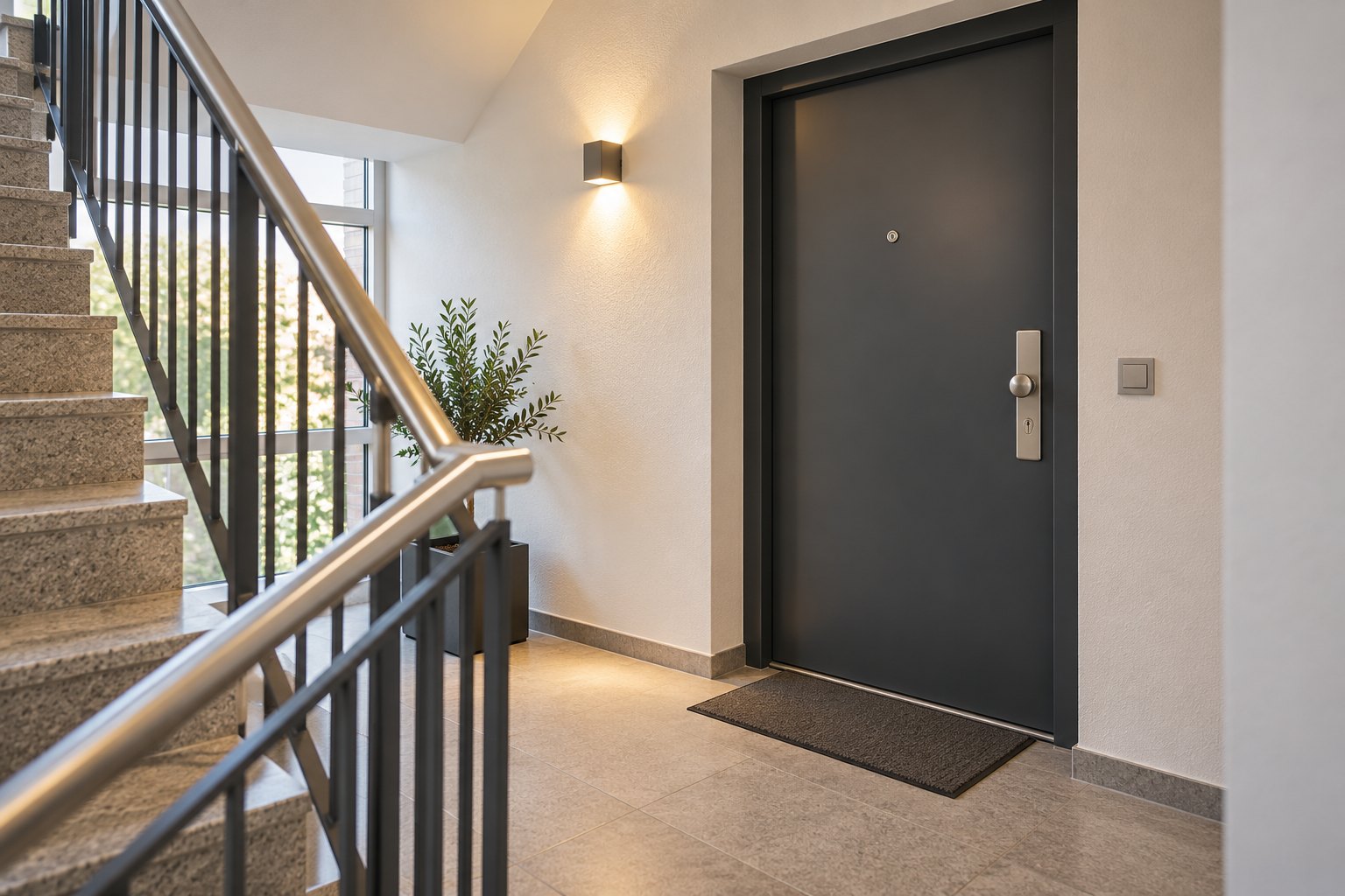 Anthrazitfarbene Wohnungseingangstür im Treppenhaus mit Schutzbeschlag und Türspion